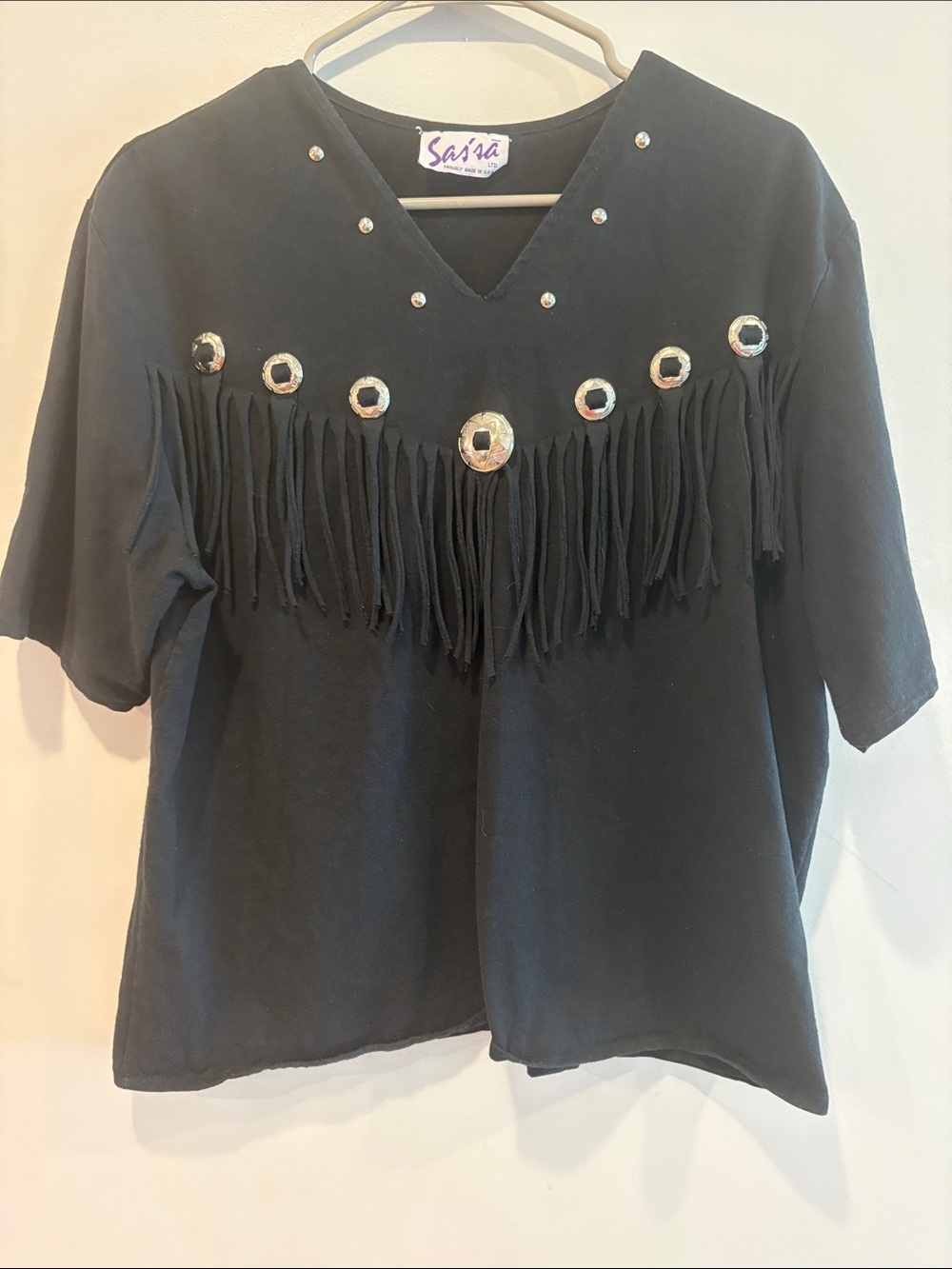 Sasa Black Fringe Top with Conchos ptp 23 length 26